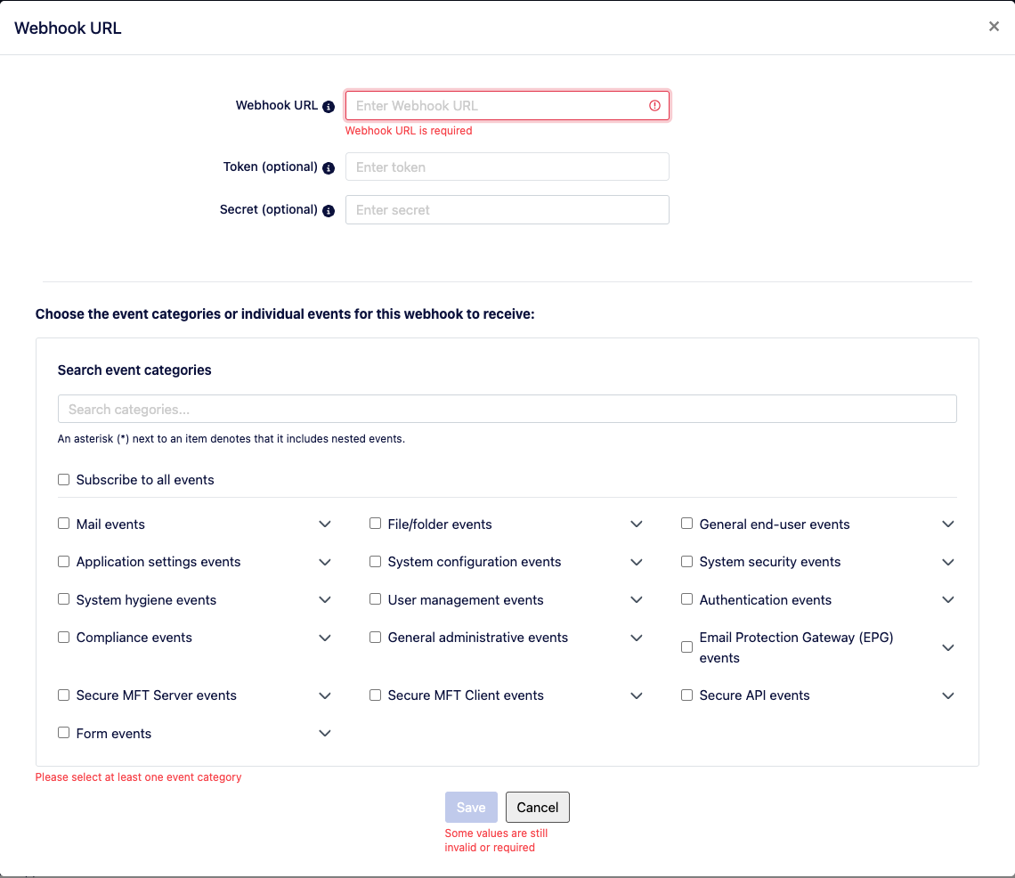 Add Webhook URL dialog showing fields for Webhook URL, Token, Secret, and a searchable list of event categories