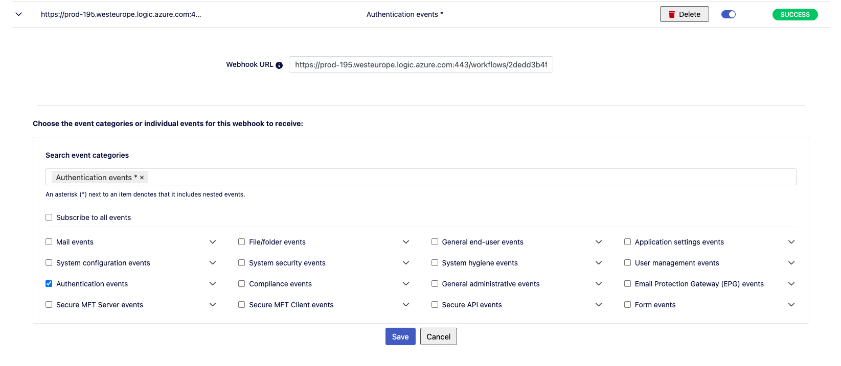 Expanded webhook row showing editable Webhook URL field and searchable event category checkboxes with Save and Cancel buttons