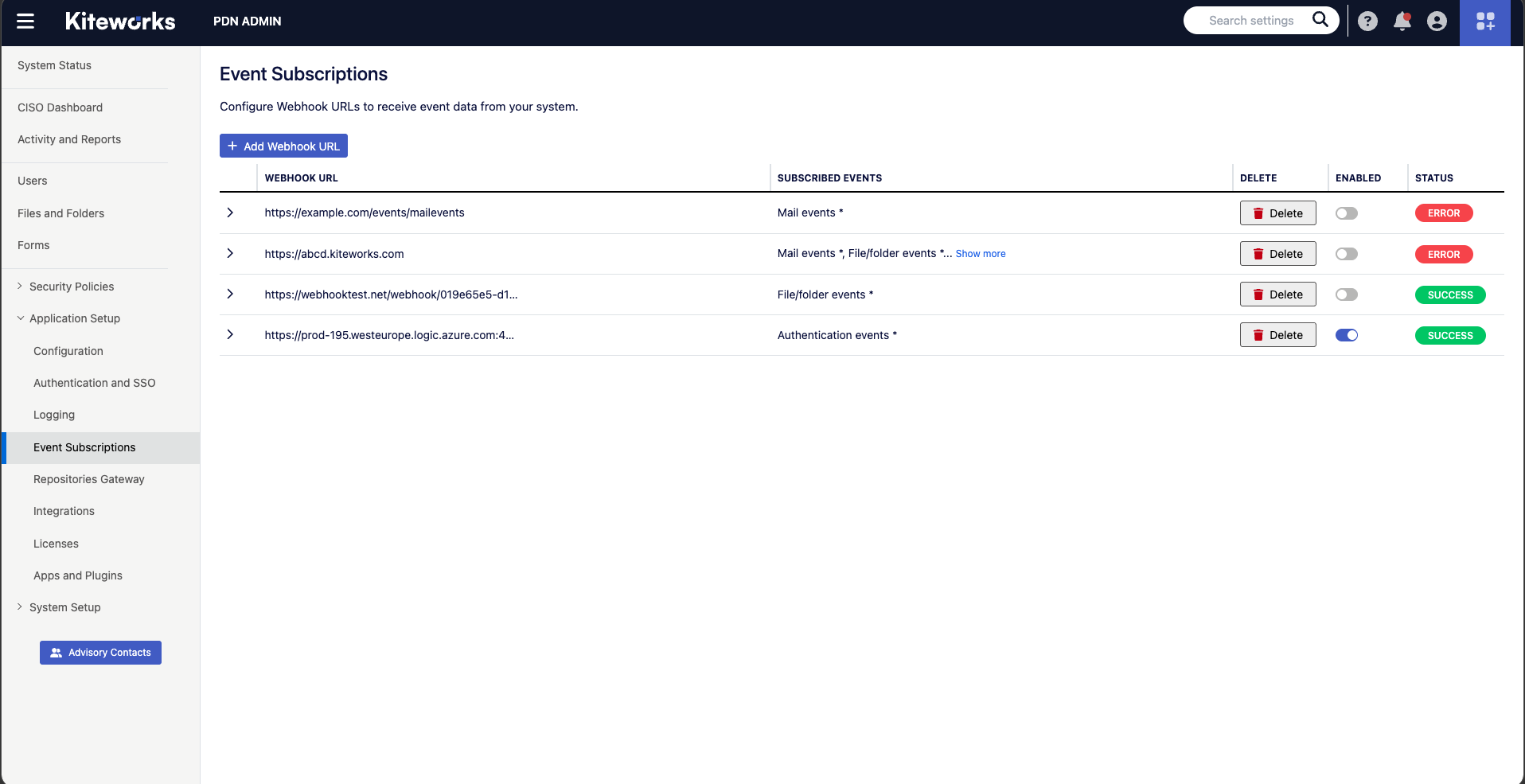 Event Subscriptions list in Admin Portal showing webhook URL, subscribed events, Delete button, Enabled toggle, and Status badge for each webhook