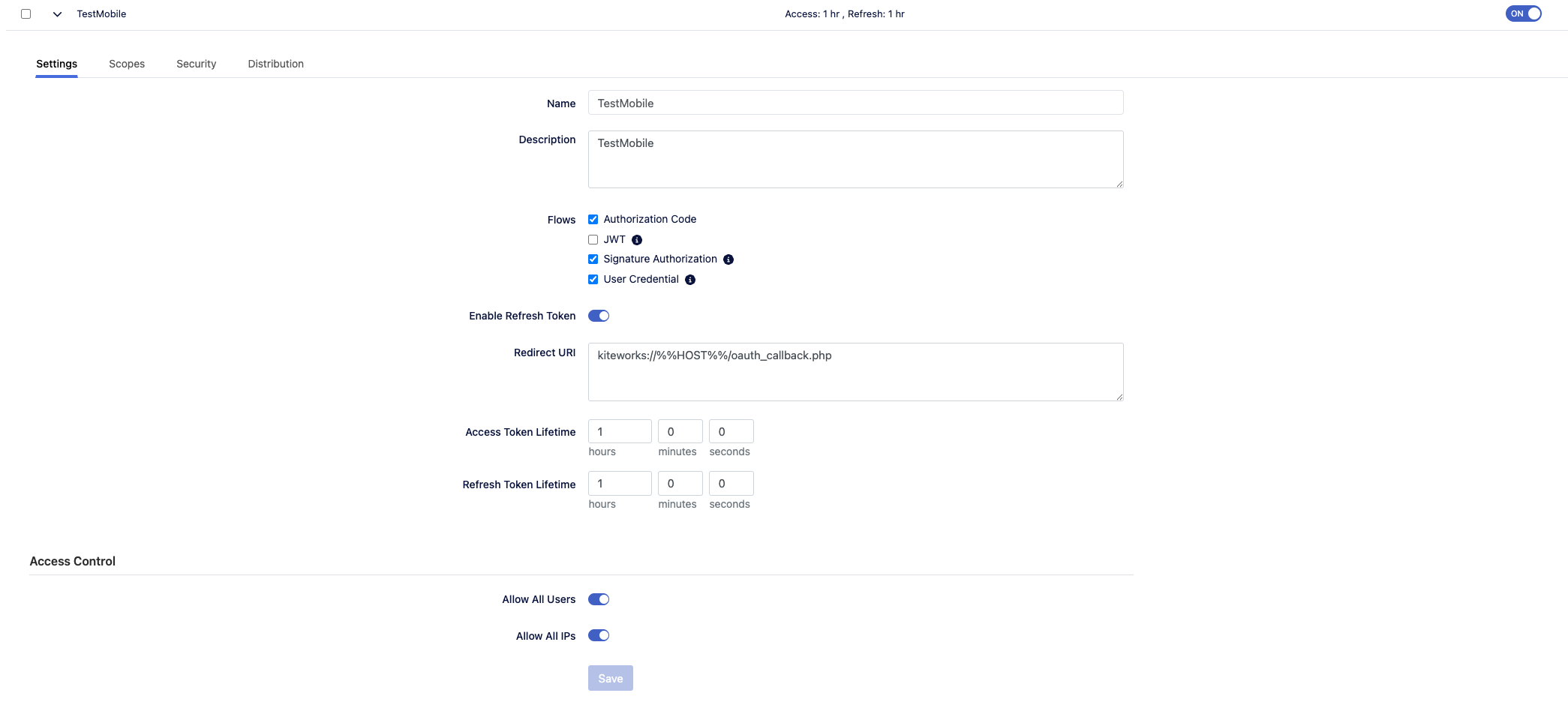 Flows settings panel in Admin UI showing four checkboxes: Authorization Code, JWT, Signature Authorization, and User Credentials